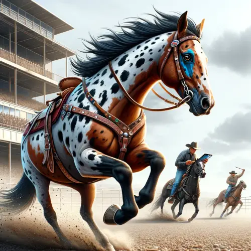 An Appaloosa in a gallop race with his Jockey