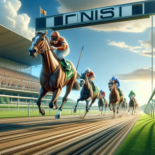 The finish line of a race where two horses appear to arrive at the same time.