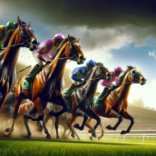 Image of horses neck and neck at a horse race in a stadium