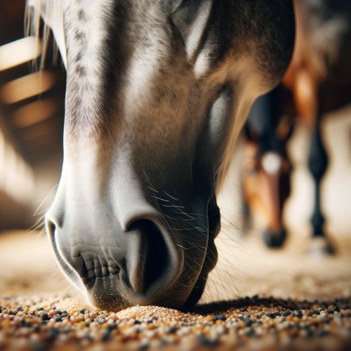 Snout of a horse delicately feasting on grains on the ground