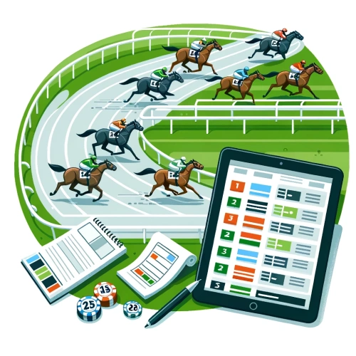 An illustration showing horses on a racetrack and a tablet with multiple bets displayed on it. 