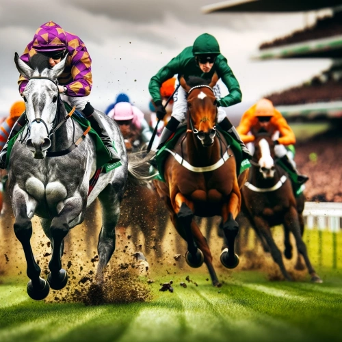 A dynamic horse race on a green racecourse, with the grey lead horse and his jockey in bright contrasting colours.