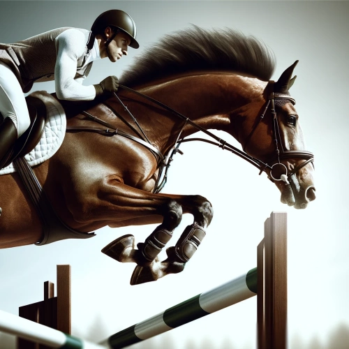 Rider in white uniform jumping a brown horse